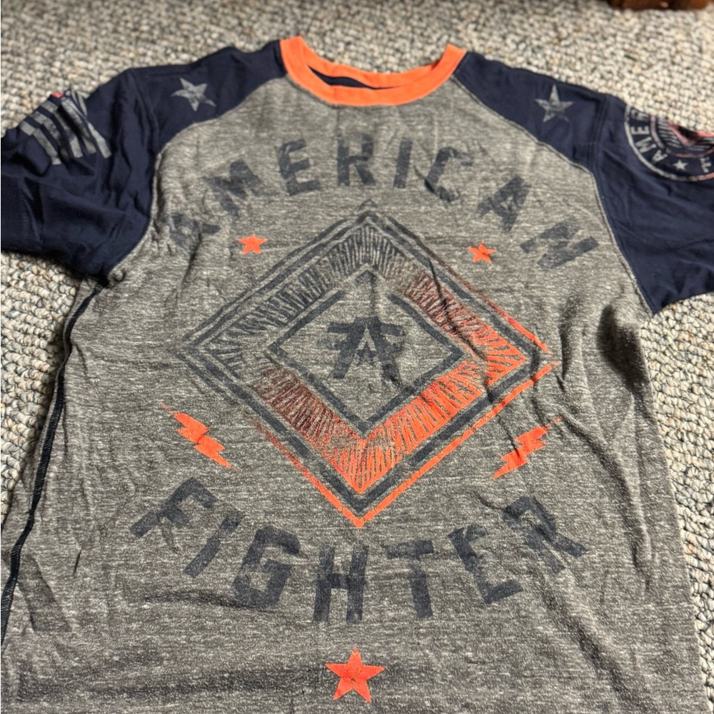 American Fighter Gray and Navy Tee with Orange Highlights